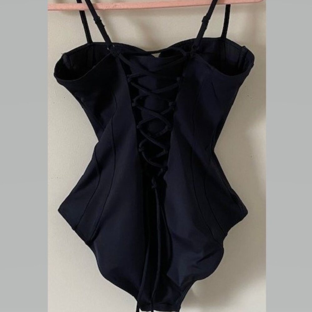 Black One-Piece Swimsuit Cinched Lace-Up Waist - Picture 4 of 9